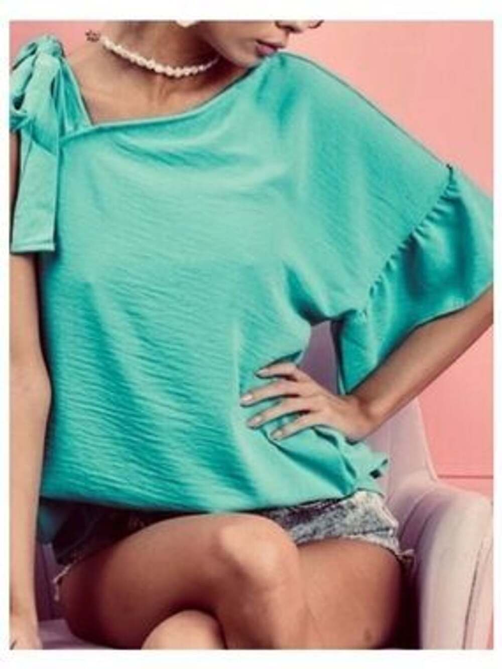 NWOT BIBI Ruffle Sleeve Top Size XL Turquoise Bow Shoulder